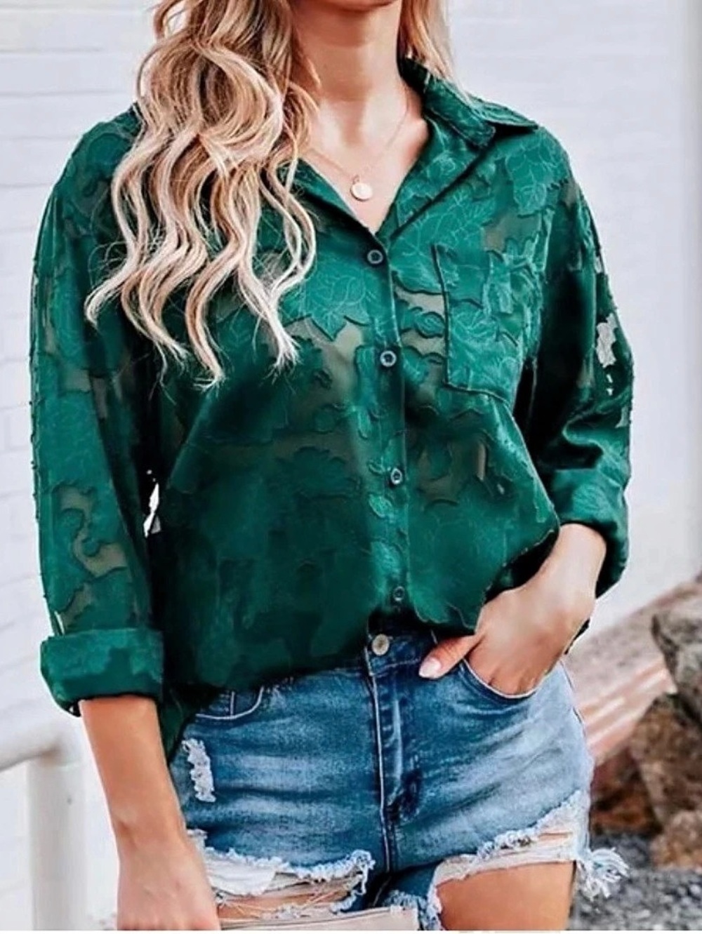 Willow Root Floral Sheer Floral Button Down Shirt Emerald Green Like New Large